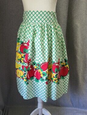 Vintage Handmade Half Apron Fruit Band Green White Grid MCM Kitsch Cottagecore